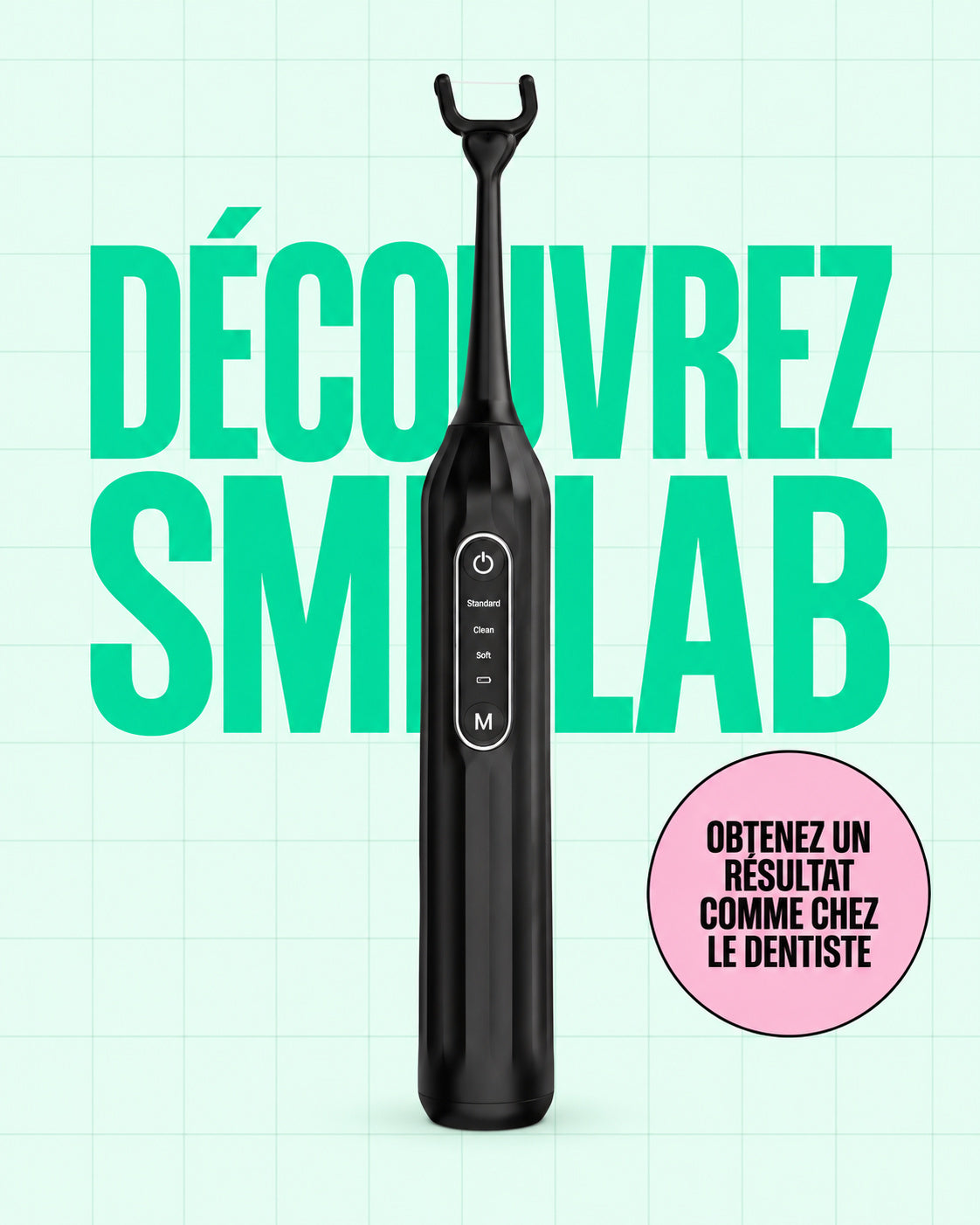 Découvrez Smilab : fil dentaire électrique noir avec macaron rose sur fond menthe