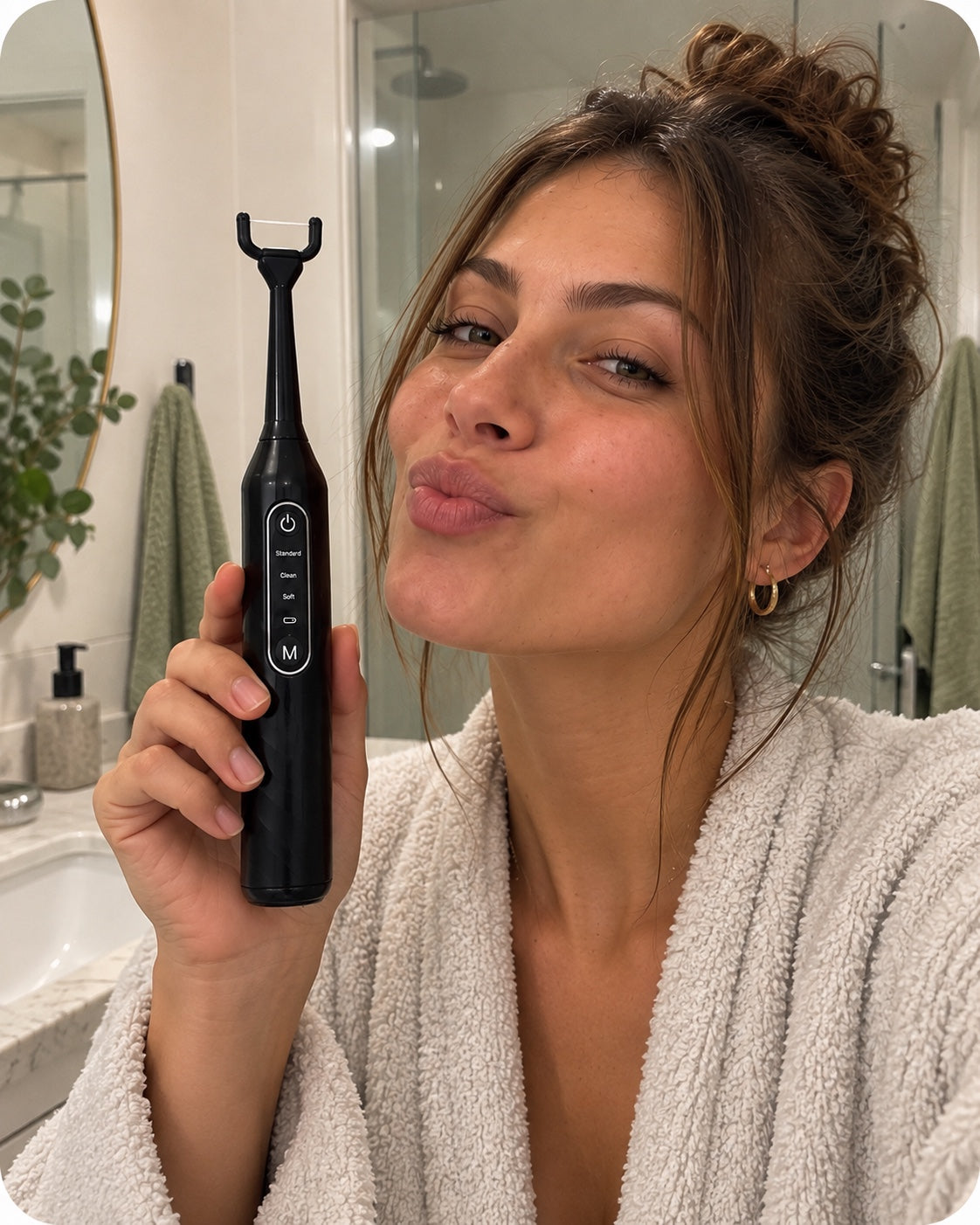 Femme tenant le fil dentaire électrique Smilab noir dans une salle de bains