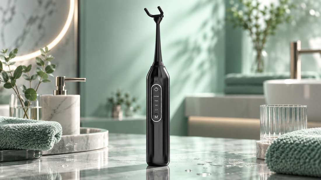 Smilab Original, fil dentaire électrique rechargeable dans une salle de bain