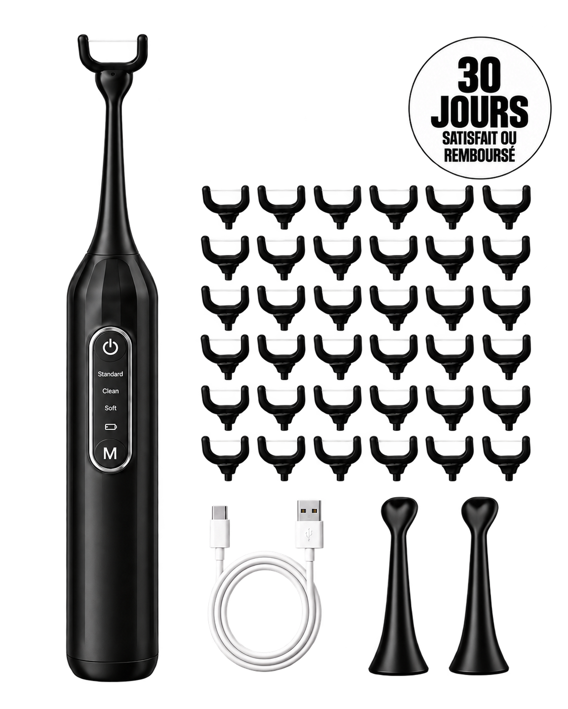 Kit Smilab noir avec recharges, câble USB et tiges de remplacement, détourés sur fond transparent